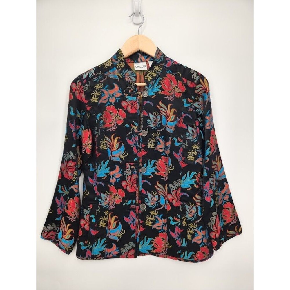 Chicos Womens Kimono Jackets Mandarin Collar Silk Blend Floral Size Small